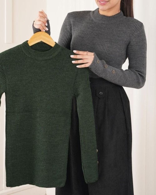  بلوز بافت یقه گرد آستین دکمه کد3021 